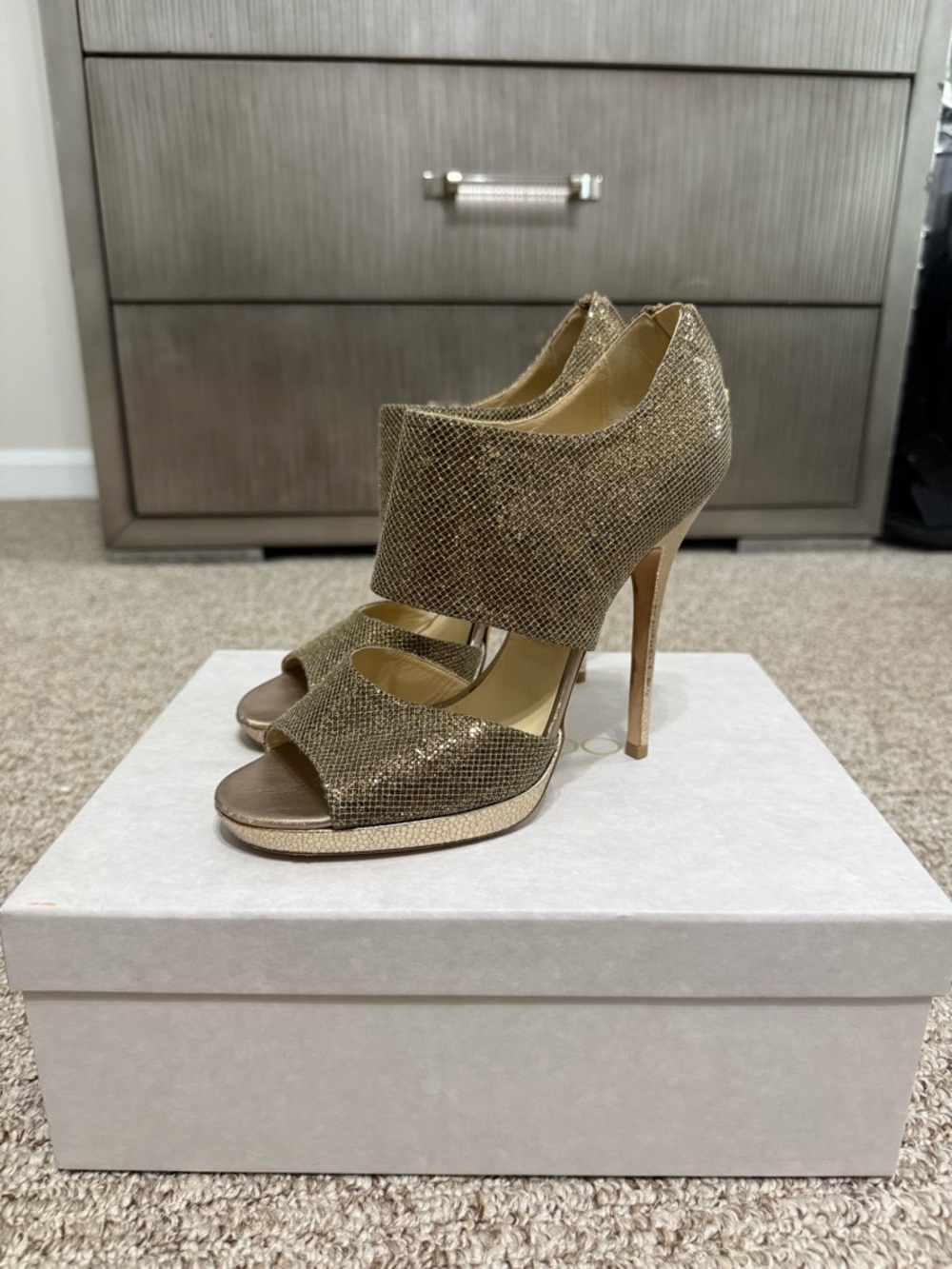 Jimmy Choo Gold Metallic Cutout Peep-Toe Stilettos